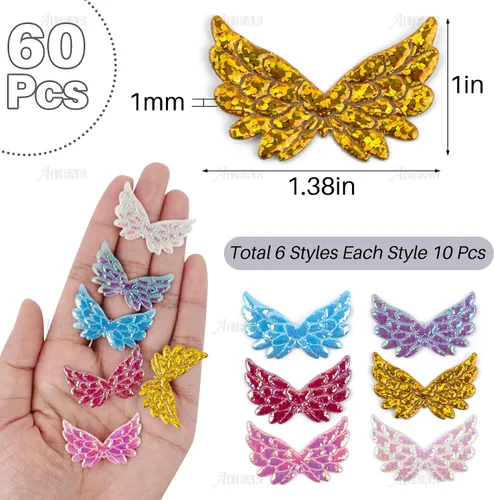 Miniatura 2 de AUEAR, Paquete de 60 pequeñas alas de ángel en relieve, apliques iridiscentes con purpurina para manualidades, varios
