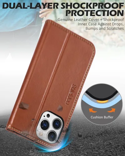 Miniatura 6 de SHIELDON Funda para iPhone 13 Pro Max 5G, cartera de cuero genuino tipo folio magnética con amortiguación de golpes, bloqueo RFID, tarjetero, Marrón
