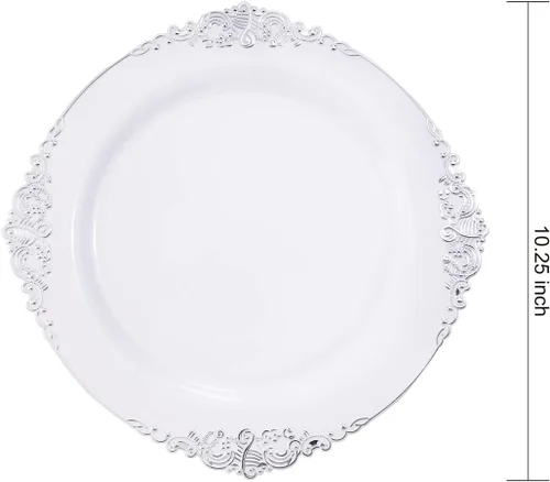 Miniatura 2 de Hioasis 100 platos de plástico blanco y plateado para fiestas, platos de postre de 7.5 pulgadas, desechables, resistentes, elegantes y elegantes