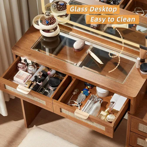 Miniatura 2 de LEYAOYAO - Escritorio de ratán con espejo y luces, tocador de maquillaje estilo bohemio de 43.5'' con 6 cajones y estantes ajustables, tocador