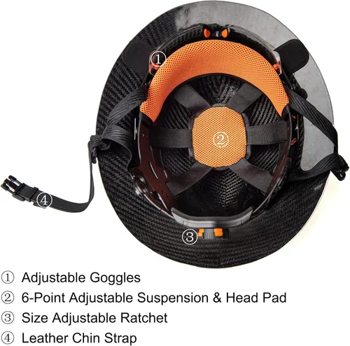 Miniatura 7 de Casco rígido de fibra de carbono de ala completa con gafas - Casco de seguridad con suspensión de trinquete ajustable de 6 puntos - Cumple con ANSI