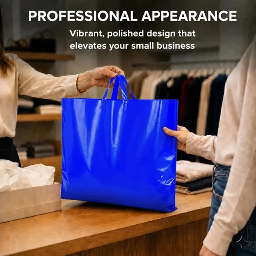 Miniatura 5 de Bolsas de compras de plástico grandes de 19 x 15 pulgadas con asas, bolsas de compras extra grandes para boutique de pequeñas empresas, tiendas Azul