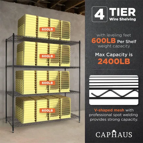 Miniatura 6 de CAPHAUS Estantería de Alambre de Servicio Pesado de Grado Comercial de 4 Niveles con Altura Ajustable, con Ruedas y Pies Niveladores, Estante de Sin