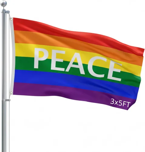 Bandera para exteriores de SSK de poliéster resistente al clima por ambos lados. Tamaño grande: 3 pies por 5 pies, arcoiris (Rainbow Peace Letters)