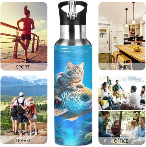 Miniatura 5 de Stainless Steel Water Bottle 20 Oz, Leakproof Water Bottles for Gym Outdoor Travel School, Cute Cat Fish Blue