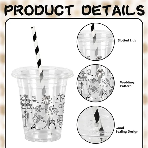 Miniatura 3 de Whaline Juego de 50 vasos de plástico para boda con tapas, popotes negros, para novia, novio, champán, desechables, tazas de café helado