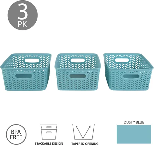 Miniatura 3 de Simplify Paquete de 3 cestas de almacenamiento pequeñas en espiga, dimensiones: 10 x 8 x 4 pulgadas, diseño de espiga, peso ligero, ideal para baño