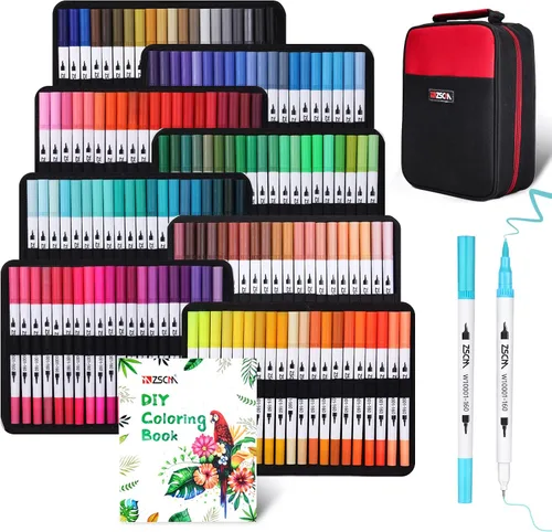 Miniatura 7 de ZSCM - Juego de 100 rotuladores de punta doble para artista, bolígrafos de colores con punta fina y punta de pincel, para adultos, libros de 100
