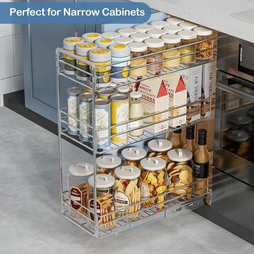 Miniatura 2 de ROOMTEC Organizador de gabinete extraíble de 3 niveles para gabinete estrecho (5.5 pulgadas de ancho x 20.5 pulgadas de profundidad), organizador