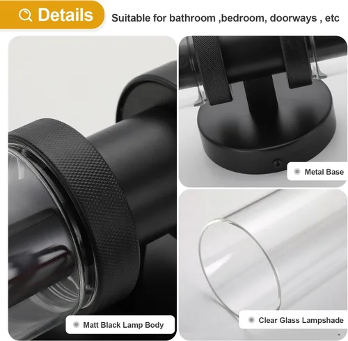 Miniatura 5 de Lámpara de Tocador de 2 Luces Espejo Lateral Accesorios de Baño Estilo Granja Negro, E26 Lámparas de Pared para Dormitorio, Iluminación Industrial