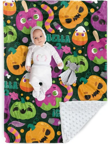 Miniatura 13 de Manta de Halloween personalizada, diseños de dibujos animados con nombre personalizable, manta de franela de felpa suave con respaldo punteado