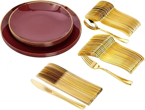 Miniatura 6 de Trendables Juego de platos desechables con cubiertos, color verde para 40, incluye 40 platos, juego de cubiertos con tenedores de plástico