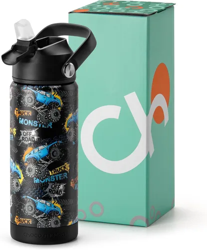 Miniatura 30 de Botella de Agua Choco Mocha para Niños para la Escuela, Botella de Agua Aislada para Niños de Acero Inoxidable para Niños, 14 Oz Camión Monstruo