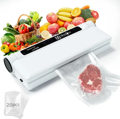 Máquina selladora al vacío, succión fuerte de 75 KPA, 20 bolsas de sellado al vacío para alimentos, temporizador digital de cuenta regresiva,