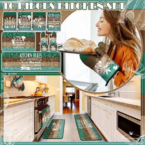 Miniatura 2 de Fourluoo Juego de 10 piezas de decoración y accesorios de cocina de granja, 4 toallas de cocina, 2 soportes para ollas, 2 guantes de horno, 2 Verde