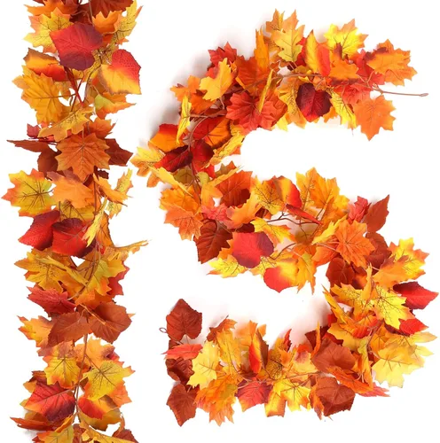 Miniatura 9 de joyhalo Paquete de 5 guirnaldas de hojas de otoño para el hogar, guirnalda de hojas de arce, vid al aire libre, decoración de otoño para porche