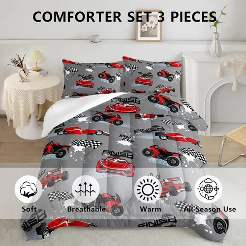 Miniatura 4 de Juego de edredón para niños Axolotl, tamaño individual, juego de ropa de cama con diseño de autos de carreras para niños, niñas, adolescentes