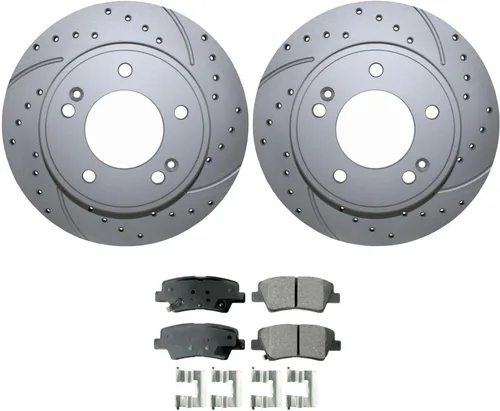 Miniatura 2 de Rotores de disco sólidos con revestimiento ranurado perforado de 10.315 in y pastillas de cerámica Akebono ProACT Sensores acústicos Kit de freno