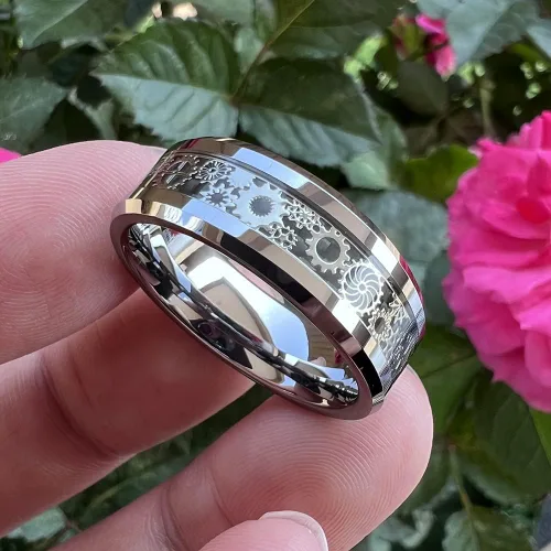 Miniatura 3 de Wow Jewelers - Anillo de tungsteno de 6 mm y 8 mm color negro, plateado, rojo y azul para hombres y mujeres, anillos de matrimonio estilo Steampunk