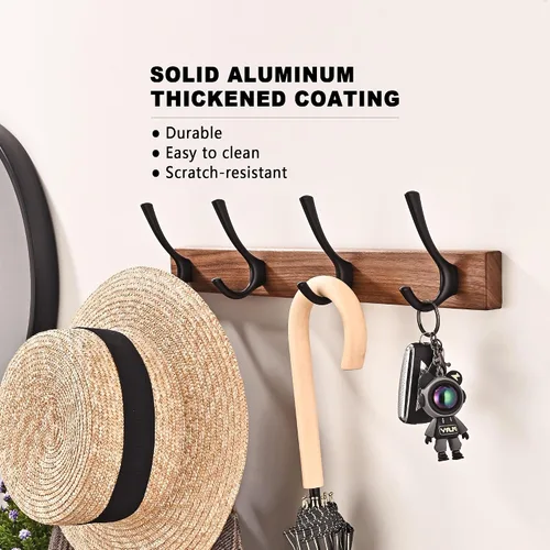 Miniatura 3 de Perchero de pared pequeño de madera de nogal de 17.3 pulgadas con 4 ganchos, colgador de chaquetas de madera resistente montado en puerta