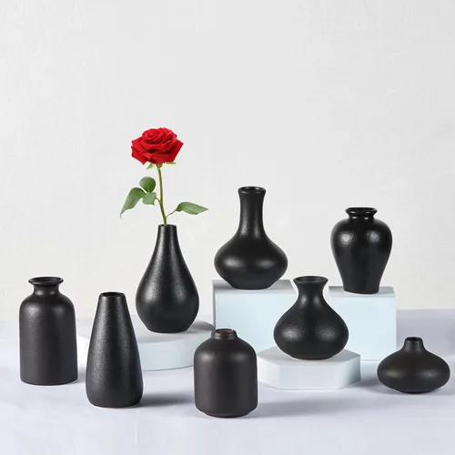 Juego de 8 jarrones negros pequeños, mini jarrones de cerámica para flores, hierba de las pampas, decoración rústica y moderna del hogar, perfectos
