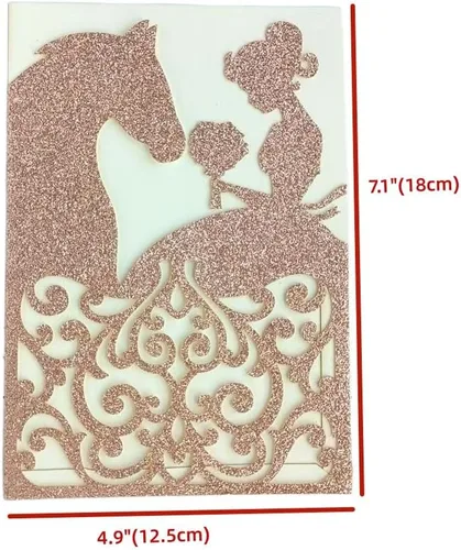 Miniatura 3 de MillaSaw Bolsillo de invitación para caballo con purpurina, soporte para invitación de quinceañera, tarjeta cortada con láser de oro rosa