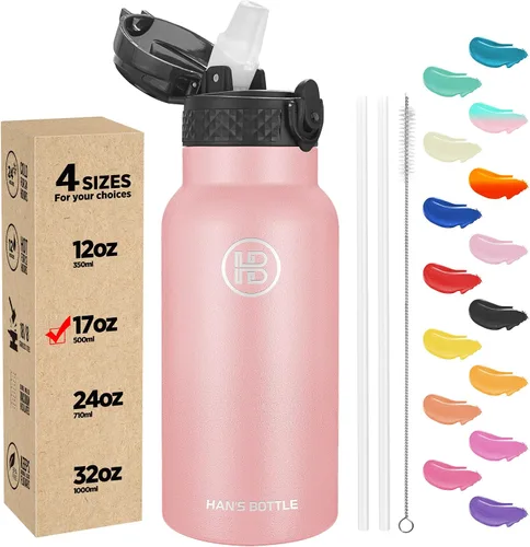Han's Bottle - Botella de agua para niños con tapa con pajilla - Vaso reutilizable de acero inoxidable aislado para niñas, niños, taza térmica, 17