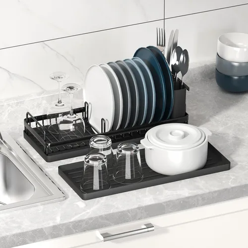 Miniatura 2 de CHLORYARD Escurridor de Platos Pequeño, Escurridor de Platos Compacto para Fregadero Organizador de Platos con Portautensilios y 2 Alfombrillas