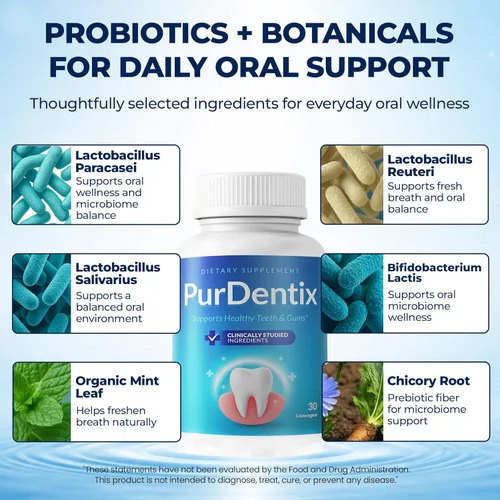 Miniatura 5 de PurDentix Probiótico para la salud oral, fórmula de 4 cepas para encías, dientes y aliento fresco saludables, 30 tabletas masticables
