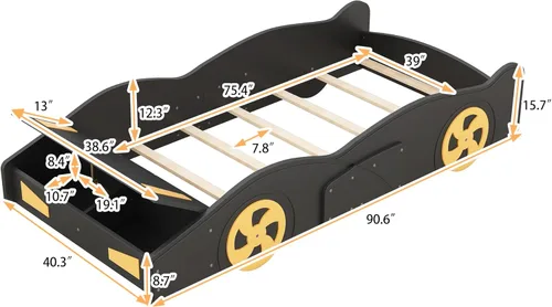 Miniatura 2 de Cama de plataforma en forma de auto de carreras de tamaño individual con ruedas y almacenamiento, base de cama de plataforma de madera maciza