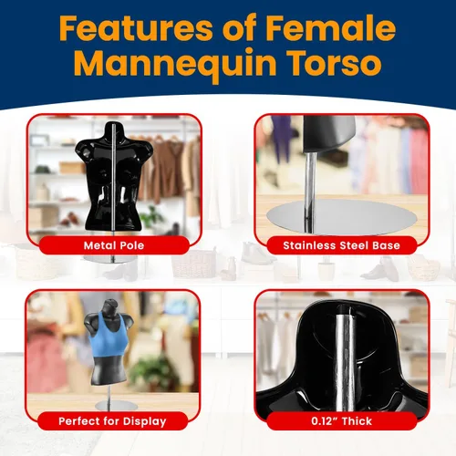 Miniatura 4 de Torso de maniquí femenino negro con soporte de metal, espalda hueca, forma de vestido apilable para exhibición de camisetas, encimeras, espectáculos