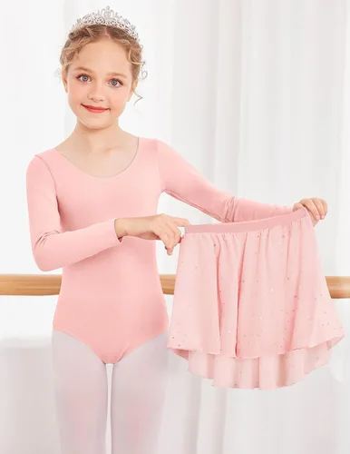 Miniatura 3 de Zaclotre Leotardos de ballet para niñas, de manga larga, espalda cruzada, traje de baile con falda brillante extraíble