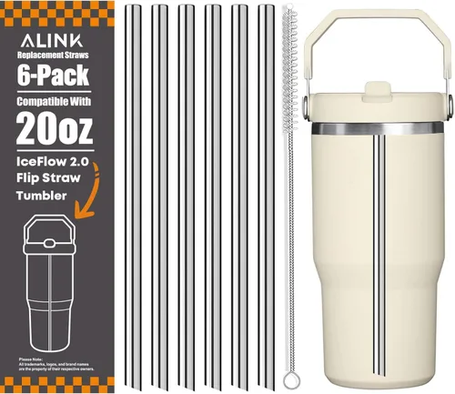 Miniatura 12 de ALINK - Paquete de 6 popotes de acero inoxidable compatibles con el vaso Stanley Iceflow de 20 onzas con tapa abatible, popotes metálicos