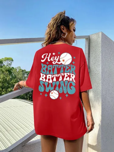 Miniatura 6 de Camiseta de béisbol para mujer, camisetas de béisbol de gran tamaño Hey Batter Batter Swing Graphic Tee Ballpark Gift Tops de manga corta