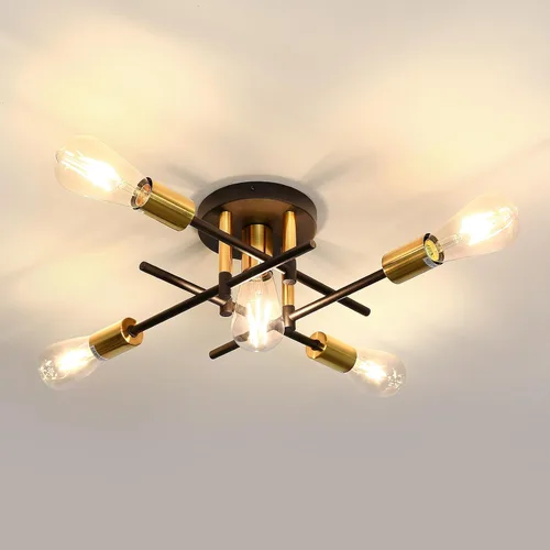 Miniatura 9 de UOFUS Lámpara de techo semiempotrada de 5 luces estilo casa de campo con lámpara E26 moderna lámpara de techo Sputnik negro mate y dorado