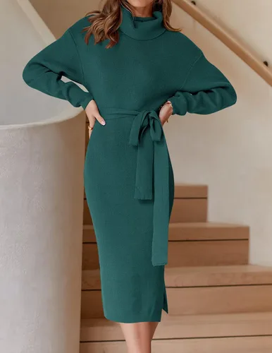 Miniatura 35 de ZESICA - Vestido por debajo de la rodilla de suéter, de cuello alto, para mujer, de manga larga, de punto acanalado, con abertura y cinturón