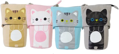 Miniatura 7 de iSuperb - Portalápices convertible para soporte y almacenamiento, de lona y poliuretano, con caricatura de gato adorable; cartuchera telescópica