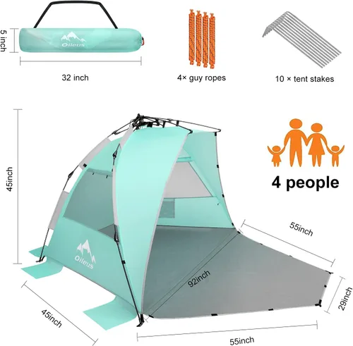 Miniatura 2 de Oileus - Tienda de campaña de playa XL para 4 personas, tienda de campaña portátil instantánea para playa con bolsa de transporte, estacas, 6 bolsas
