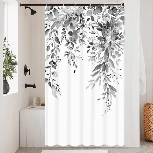 Miniatura 10 de Cortina de ducha extra larga de eucalipto gris y blanco de 84 pulgadas, cortinas de ducha de hojas florales grises para baño, cortina de baño