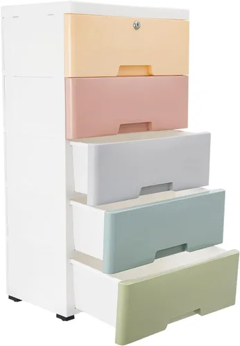 Miniatura 9 de Gabinete de almacenamiento de plástico blanco de 5 niveles con 5 cajones verticales para ropa con ruedas, gabinete de almacenamiento