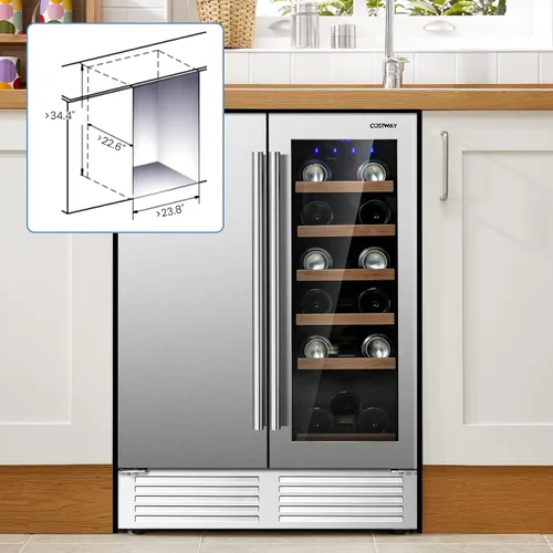 Miniatura 9 de COSTWAY Refrigerador de vino y bebidas, enfriador de bebidas de doble zona de 24 pulgadas con cerradura, puerta de acero inoxidable, refrigerador
