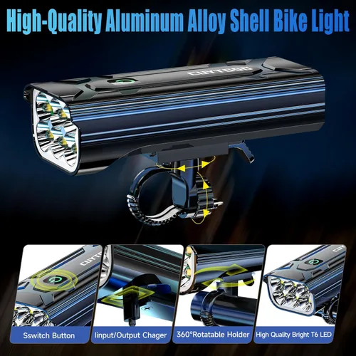Miniatura 3 de 2026 Upgrade 6800Lumen Bike Light for Night Riding,Super Bright 6 LED Headlight,Aluminum 10 Mode Rechargeable Bicycle Light Front and Azul
