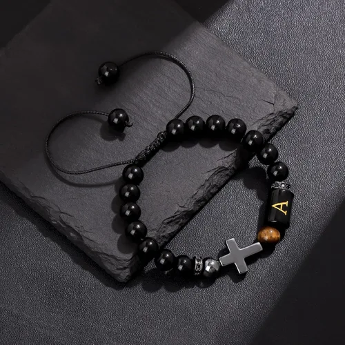 Miniatura 6 de Pulseras de cuentas con iniciales para hombre, pulsera de triple protección de 0.315 in de obsidiana y hematita, hecha a mano con letras de piedra