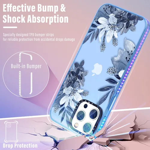 Miniatura 4 de Toycamp Funda para iPhone 13 Pro Max de 6.7 pulgadas, color azul, con soporte de anillo, diseño de flores azules, para mujeres, niños y niñas, Azul
