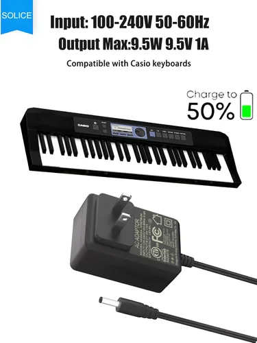 Miniatura 2 de SOLICE Adaptador de carga de 9,5 V para teclado Casio Cargador de piano compatible con Casio Piano ADE95100LU fuente de alimentación LK-135 WK-225