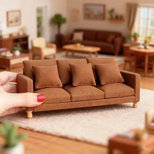 Miniatura 5 de Sofá de cuero para casa de muñecas en miniatura, a escala 1:12, juego de muebles de mini sofá con cojines para figura de muñeca de 3 a 6 pulgadas