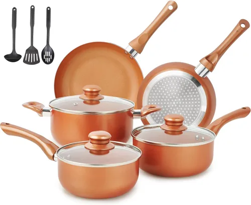 M MELENTA Juego de ollas y sartenes ultra antiadherentes, preinstalados 11 piezas de utensilios de cocina de cobre con revestimiento de cerámica,