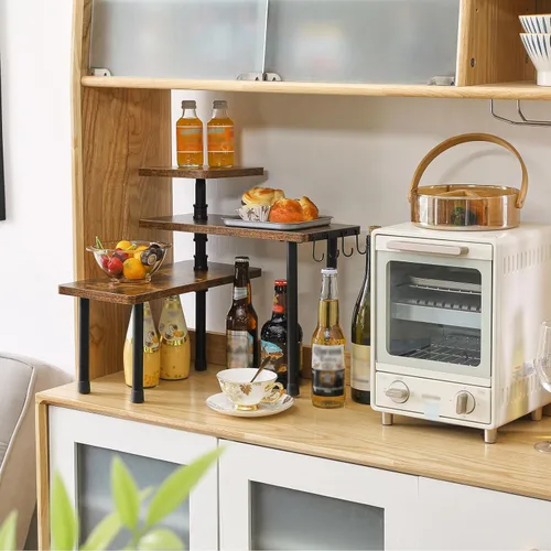 Miniatura 3 de IBUYKE Organizador de Encimera, Estantes de Especias de 3 Niveles, Estante de Esquina para Mostrador de Cocina, 4 Ganchos Laterales, Estante Marrón