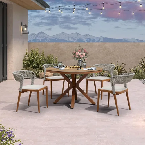 Miniatura 74 de PURPLE LEAF Juego de comedor redondo de 5 piezas de gran tamaño, marco de aluminio y mimbre de ratán para patio, mesa y sillas con cojines