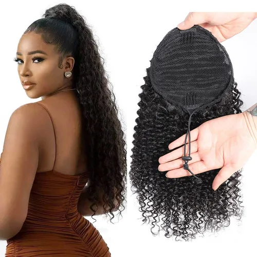 Extensiones de cabello humano rizado tipo afro, con cordón ajustable, clip en cola de caballo 3C, rizado afro, negro natural (12 pulgadas)